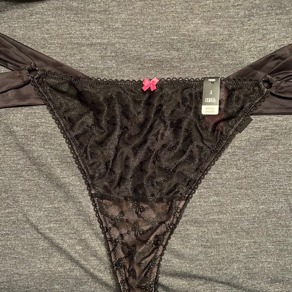 NWT Betsy Johnson strappy thong panty black lace up with pink bow